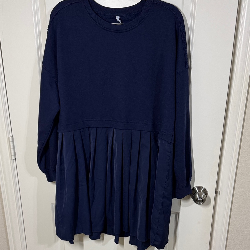 Navy Blue Long Sleeve Navy Sweatshirt Dress with Pleats